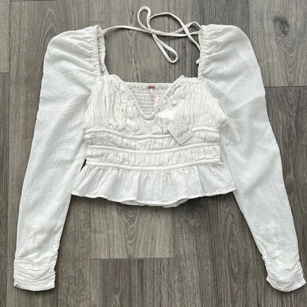 FREE PEOPLE Chloe Top XS White Puff Sleeves Smocked Cottagecore Boho Coquette